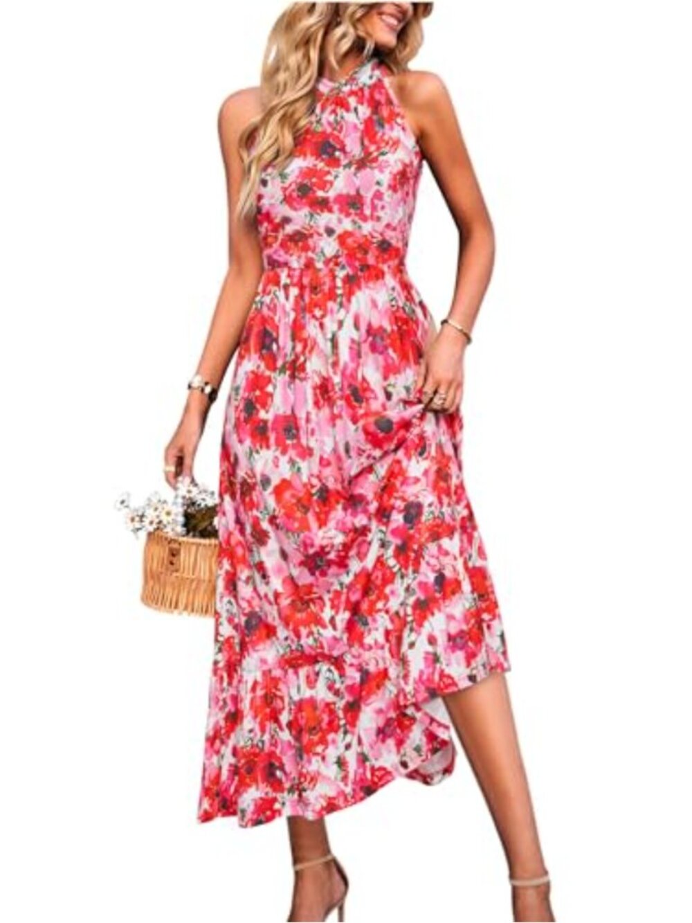 Womens Halter Neck Maxi Dress Sleeveless Tiered Ruffle Floral Print Summer